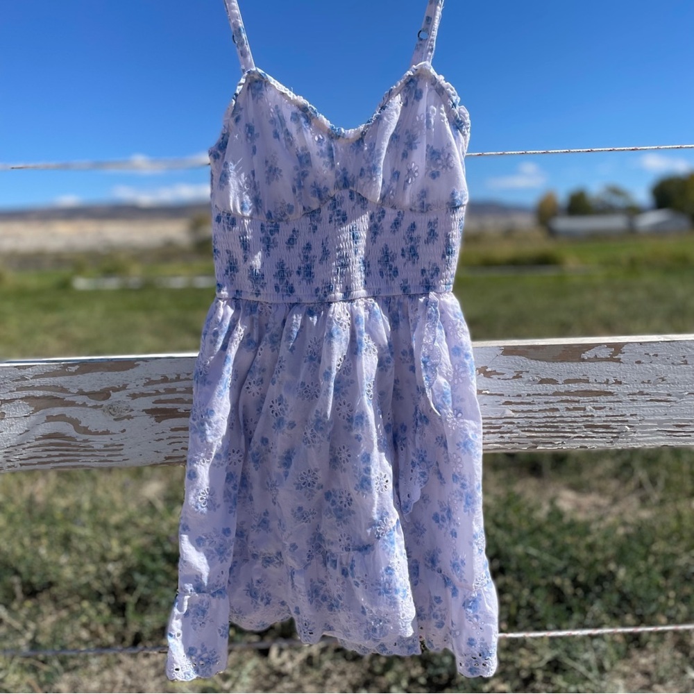 Hollister Light Blue Smocked Dress With Eyelet Details